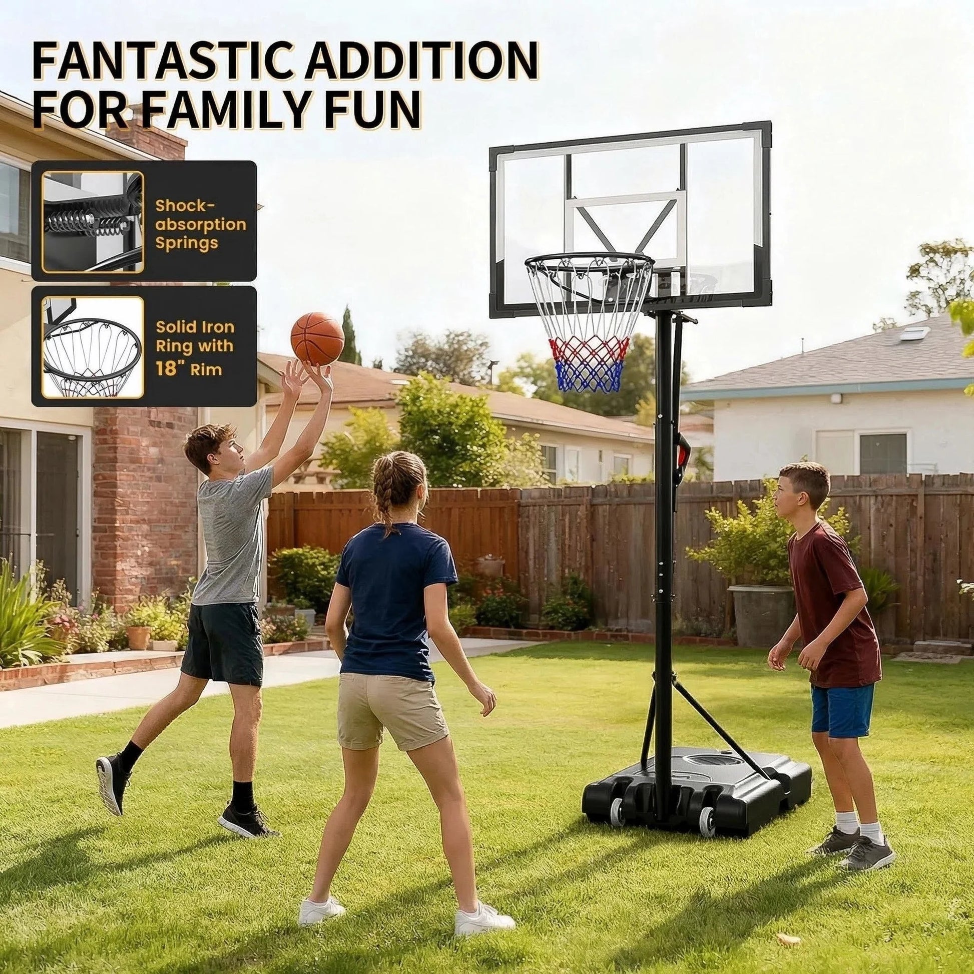 44" Portable Basketball Hoop with Shatter-Proof Polycarbonate Backboard, 5.25-10Ft Height Adjustable Basketball Goal, Indoor/Outdoor Use
