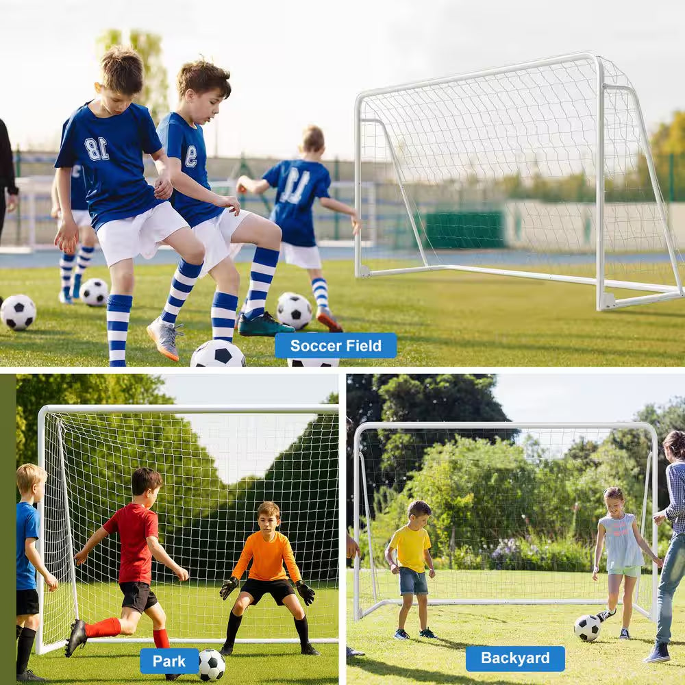 12 Ft. X 6 Ft. Soccer Goal for Backyard Weatherproof Foldable Steel Soccer Goal in White with Training Target and 6-Cone