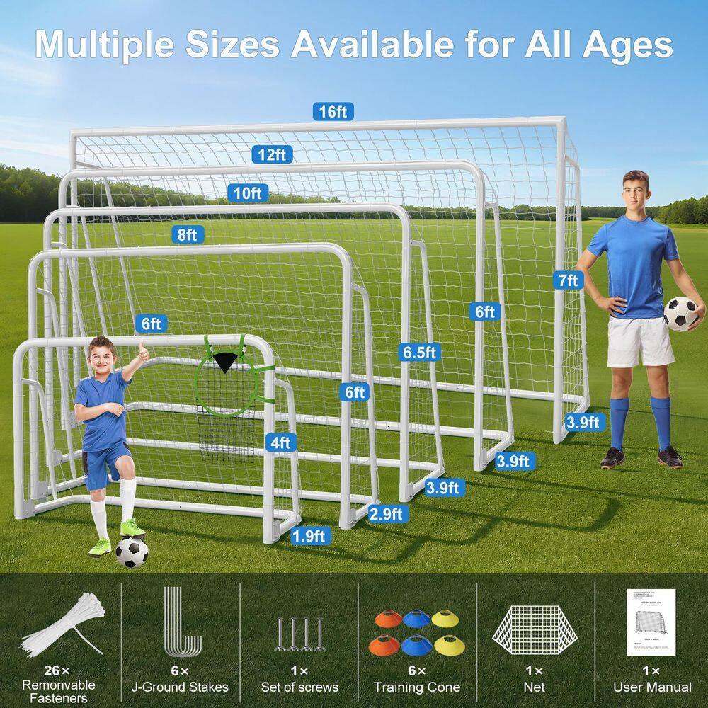 12 Ft. X 6 Ft. Soccer Goal for Backyard Weatherproof Foldable Steel Soccer Goal in White with Training Target and 6-Cone