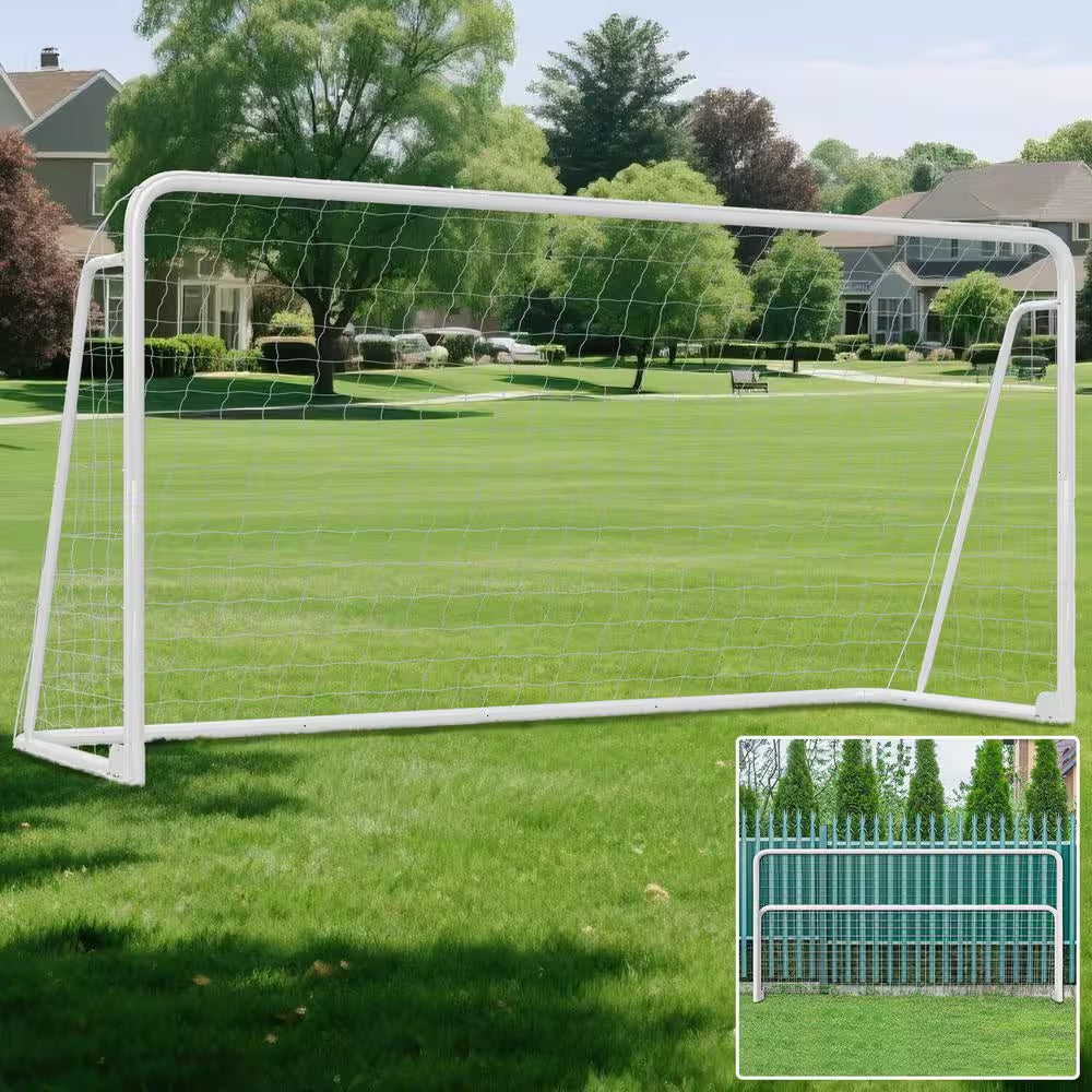 12 Ft. X 6 Ft. Soccer Goal for Backyard Weatherproof Foldable Steel Soccer Goal in White with Training Target and 6-Cone