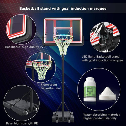4.76 Ft. to 10 Ft. Black Metal Portable Basketball Hoop Height Adjustment with LED Lights