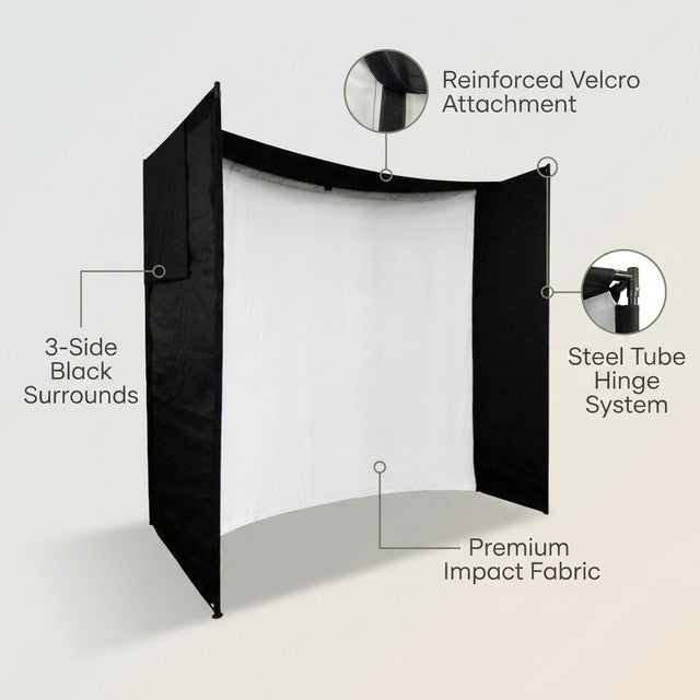 DIY Golf Simulator Impact Screen Frame Enclosure Kit Set, Use with Simulators, Durable Fabric with Velcro, Reinforced Black Border, 9.8'X9.8'X4.9' — Lifestyle