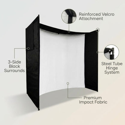 DIY Golf Simulator Impact Screen Frame Enclosure Kit Set, Use with Simulators, Durable Fabric with Velcro, Reinforced Black Border, 9.8'X9.8'X4.9' — Lifestyle