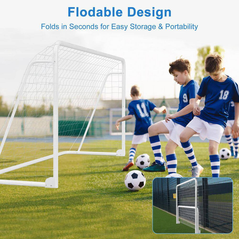 12 Ft. X 6 Ft. Soccer Goal for Backyard Weatherproof Foldable Steel Soccer Goal in White with Training Target and 6-Cone