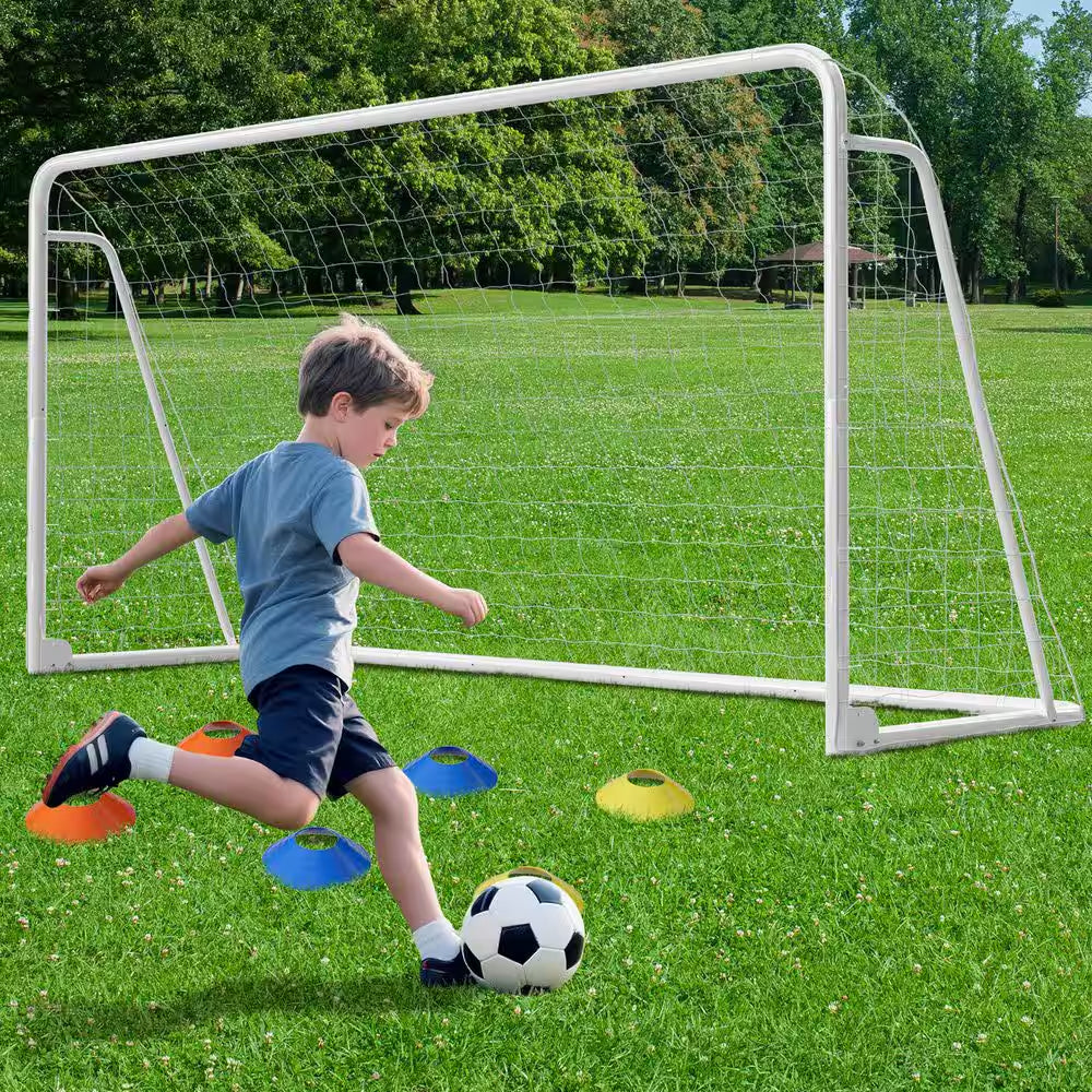 12 Ft. X 6 Ft. Soccer Goal for Backyard Weatherproof Foldable Steel Soccer Goal in White with Training Target and 6-Cone