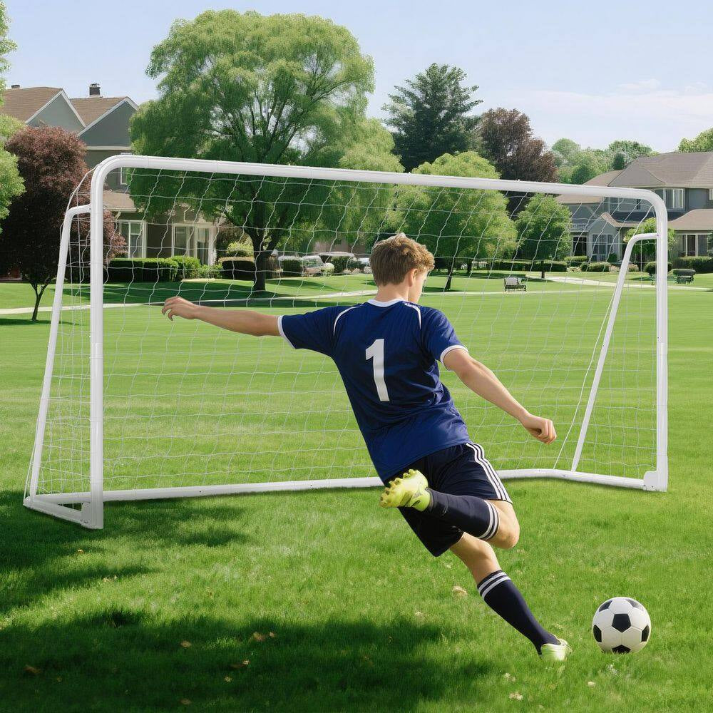 12 Ft. X 6 Ft. Soccer Goal for Backyard Weatherproof Foldable Steel Soccer Goal in White with Training Target and 6-Cone
