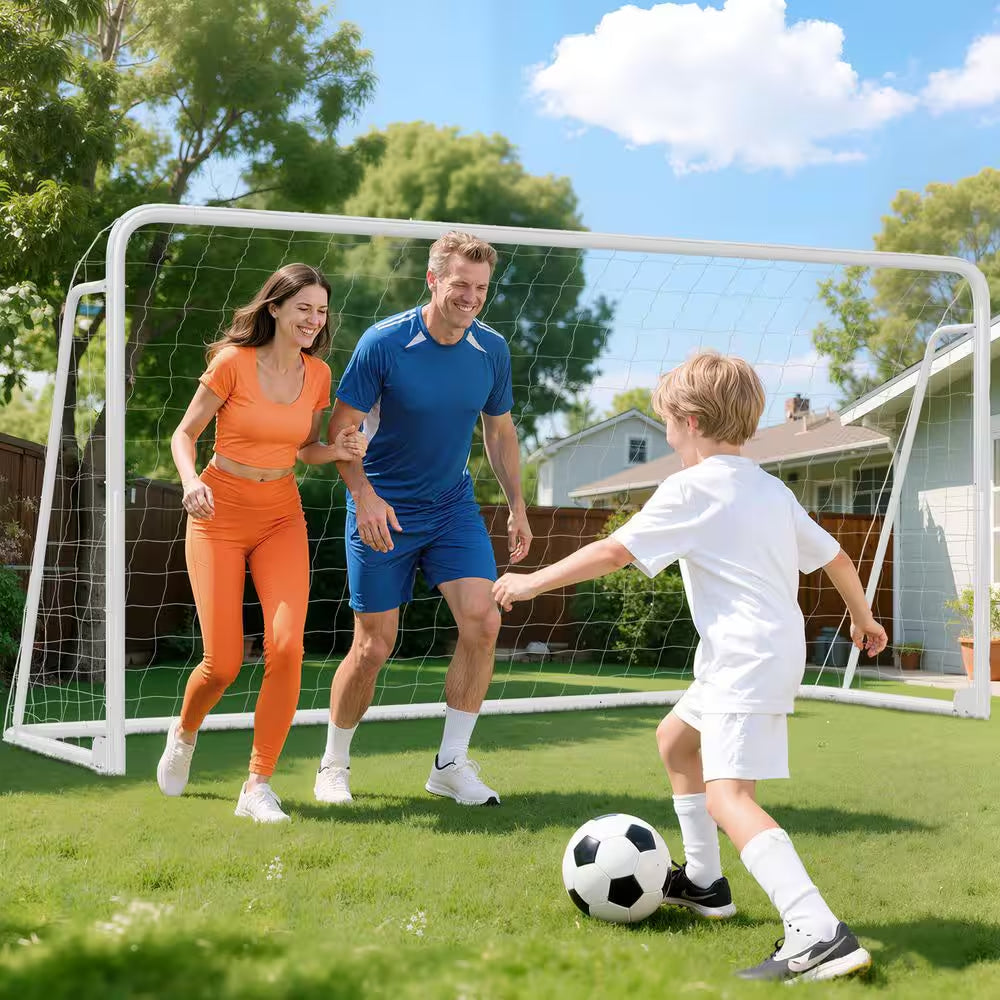 12 Ft. X 6 Ft. Soccer Goal for Backyard Weatherproof Foldable Steel Soccer Goal in White with Training Target and 6-Cone