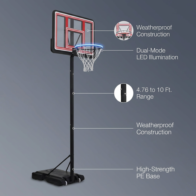 4.76 Ft. to 10 Ft. Black Metal Portable Basketball Hoop Height Adjustment with LED Lights — Lifestyle