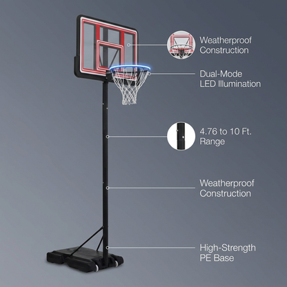 4.76 Ft. to 10 Ft. Black Metal Portable Basketball Hoop Height Adjustment with LED Lights — Lifestyle