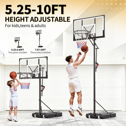 44" Portable Basketball Hoop with Shatter-Proof Polycarbonate Backboard, 5.25-10Ft Height Adjustable Basketball Goal, Indoor/Outdoor Use
