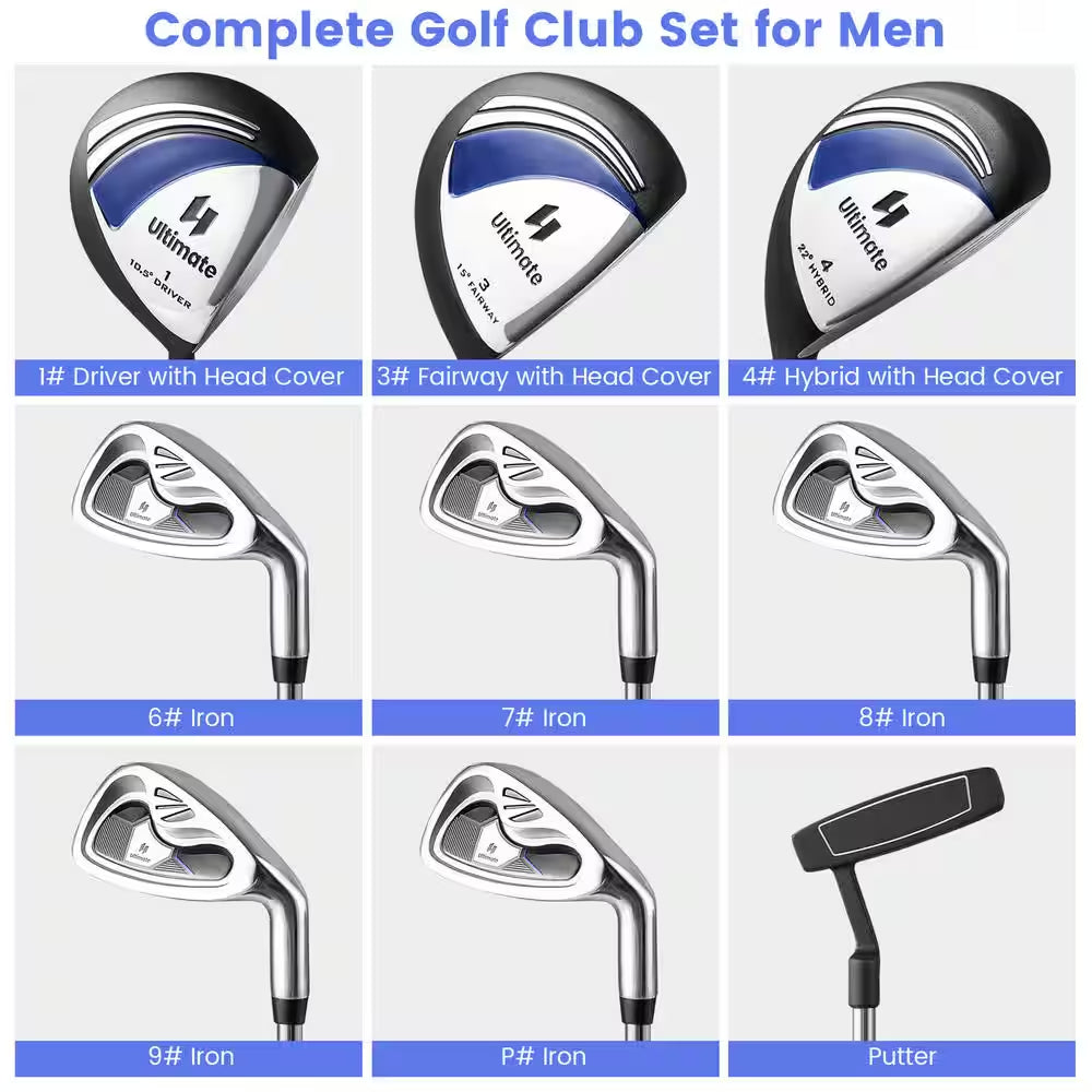 Men'S 9 Pieces Complete Golf Club Set Includes 460Cc Alloy Driver 3# Fairway Wood 4# Hybrid 6# 7# 8# 9# and P# Irons