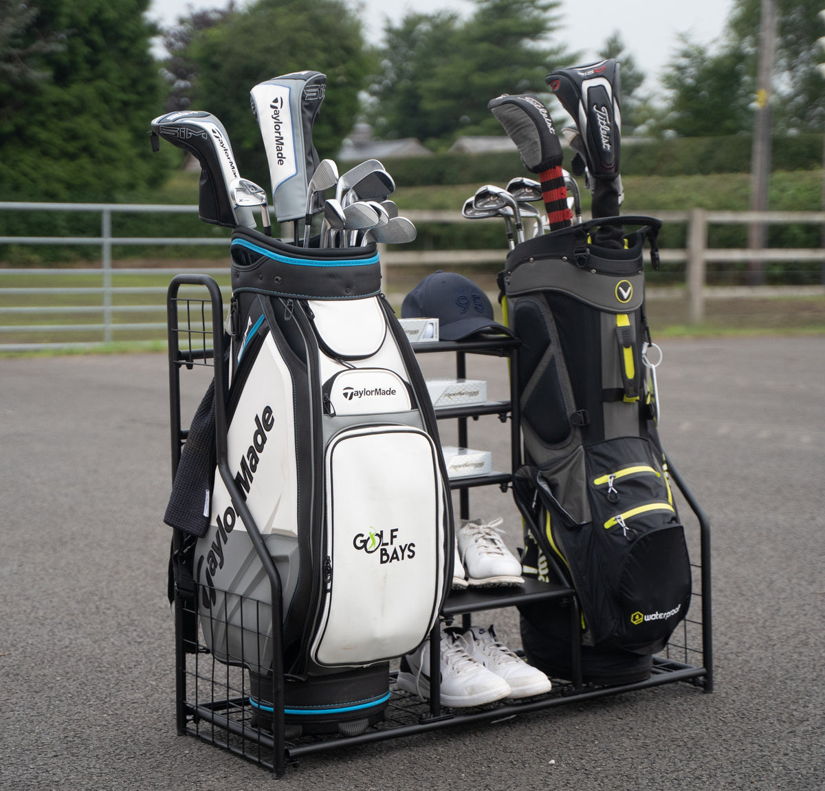 GolfBays Dual Golf Bag Display & Storage Organizer