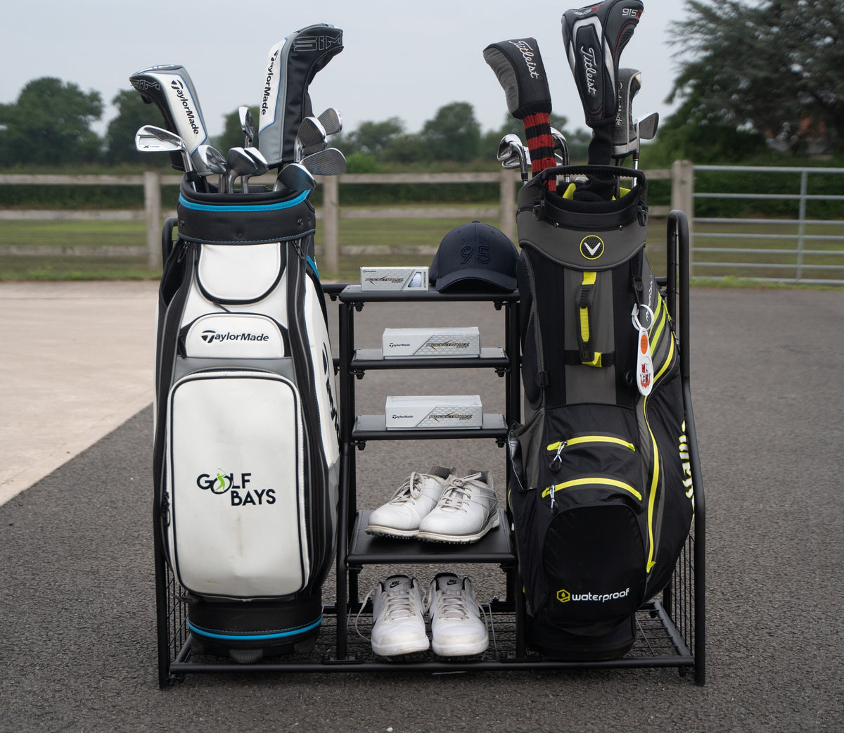 GolfBays Dual Golf Bag Display & Storage Organizer