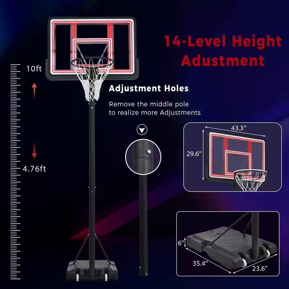 4.76 Ft. to 10 Ft. Black Metal Portable Basketball Hoop Height Adjustment with LED Lights